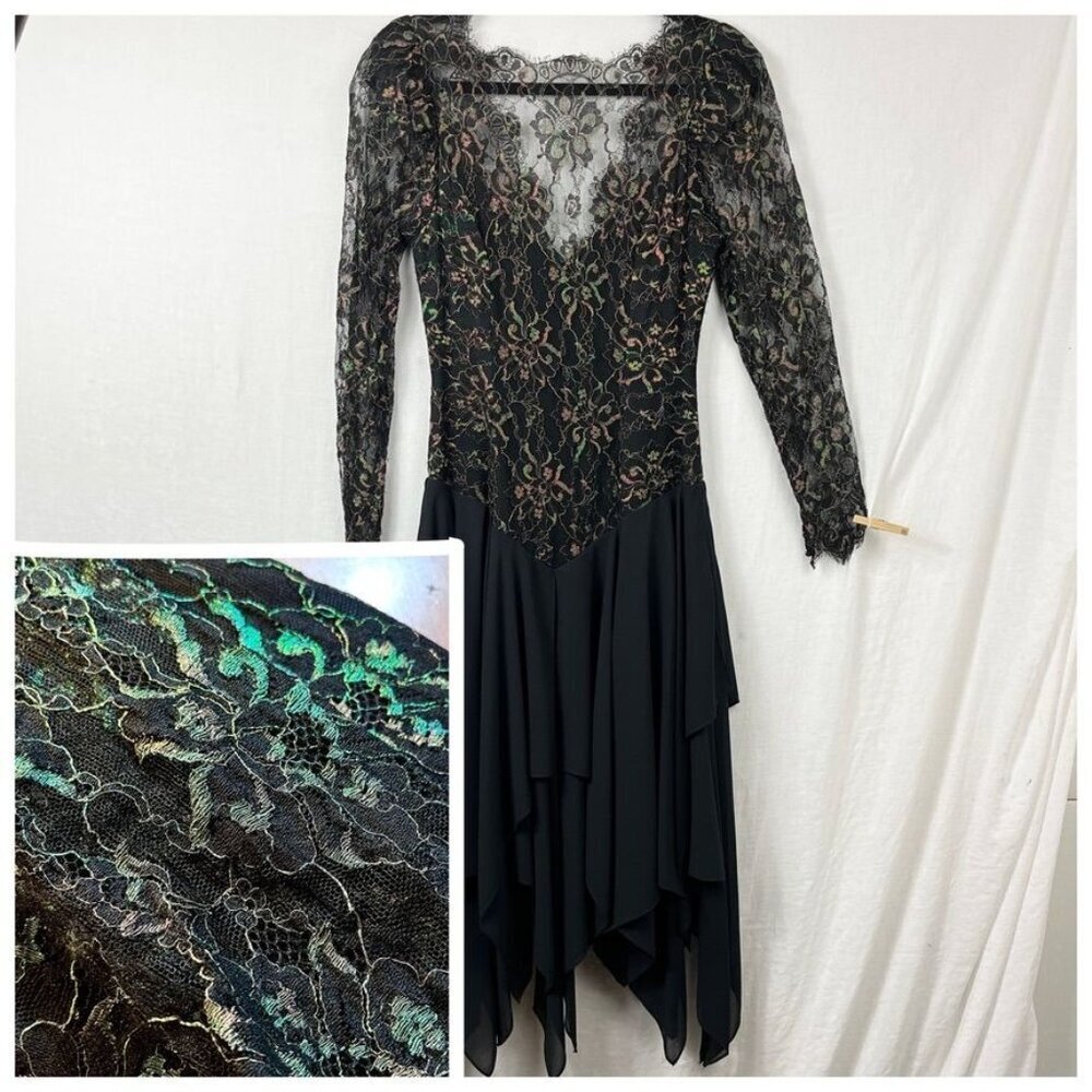 Vintage Casadei‎ Long Sleeve Eyelash Lace Midi Dress Womens 4 Witchy Holographic